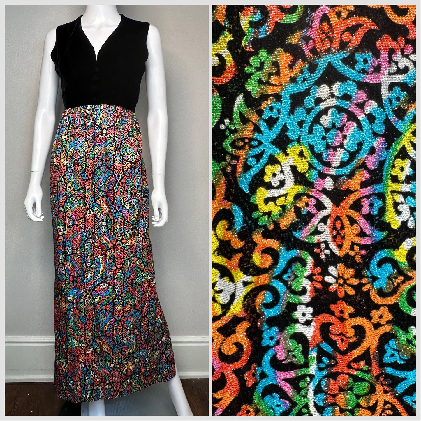 1970s Bright Psychedelic Sparkle and Black Velvet Maxi Dress Size S/M