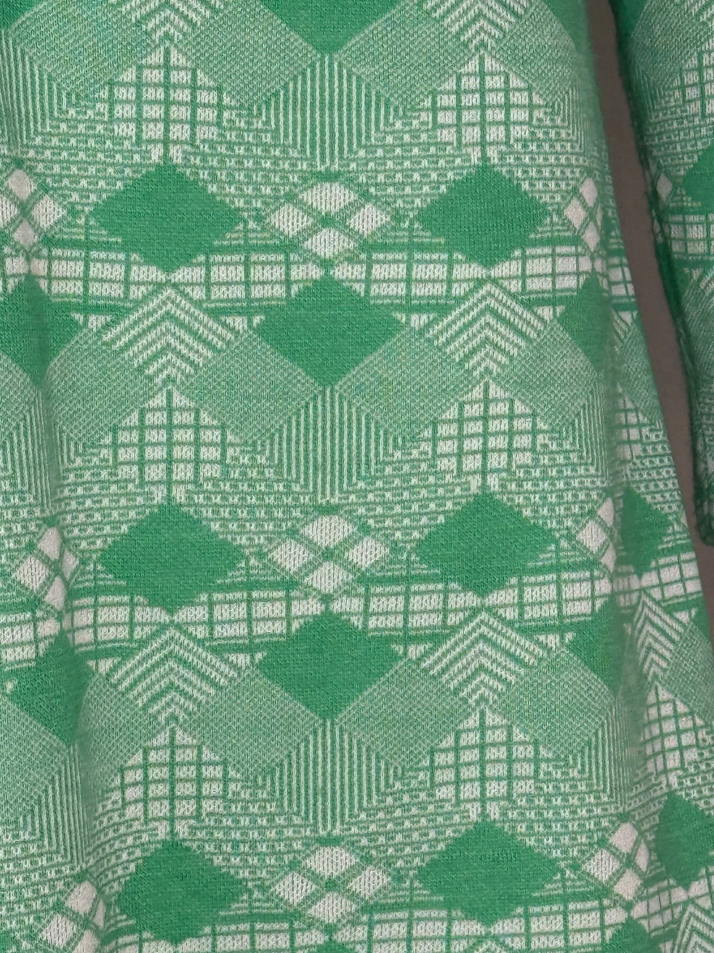 1970s Hooded Lace Up Dress, Size Medium, Green Geometric Polyester Double Knit