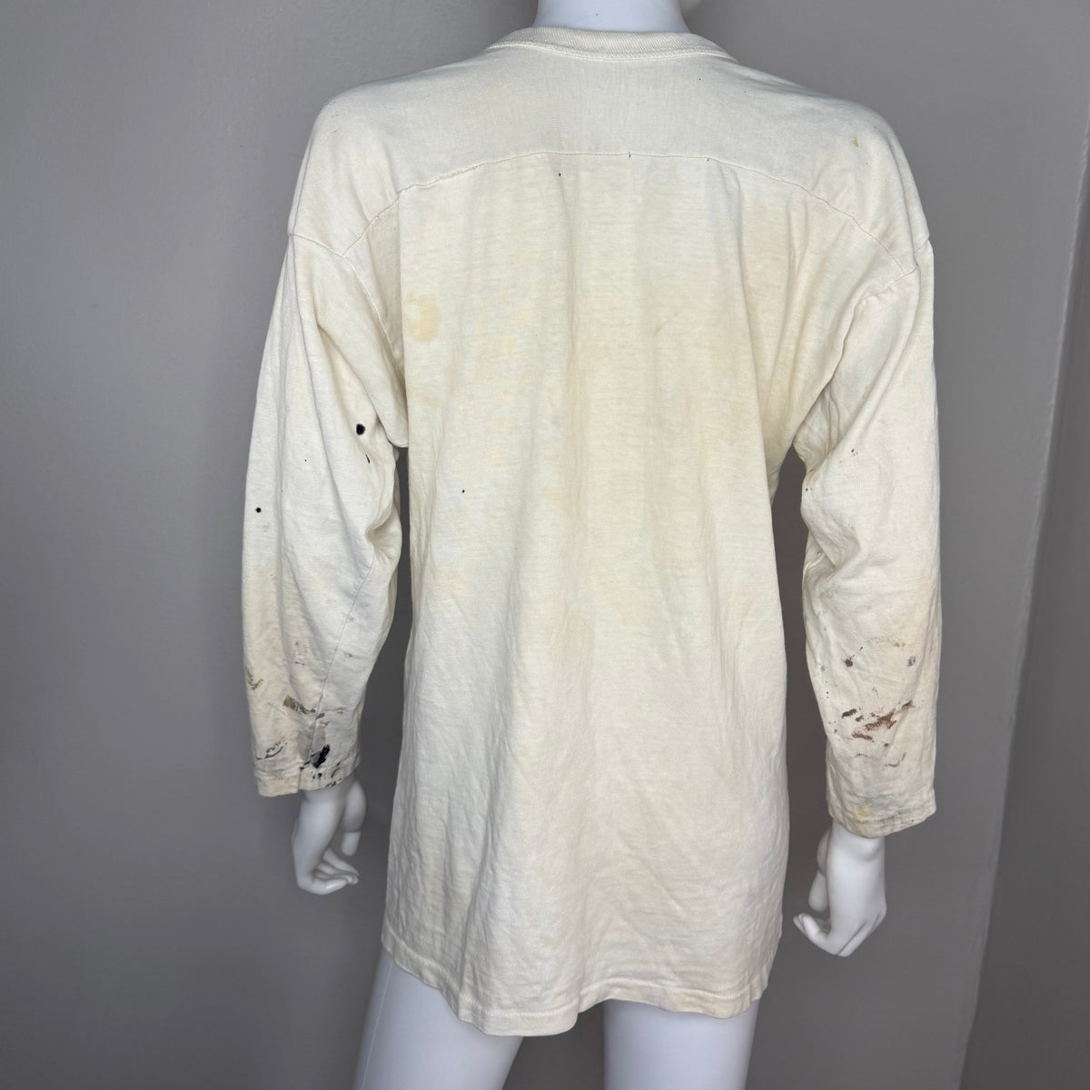 1960s/70s Off White Cotton Jersey T-Shirt, Size Medium, Paint Stains, Distressed