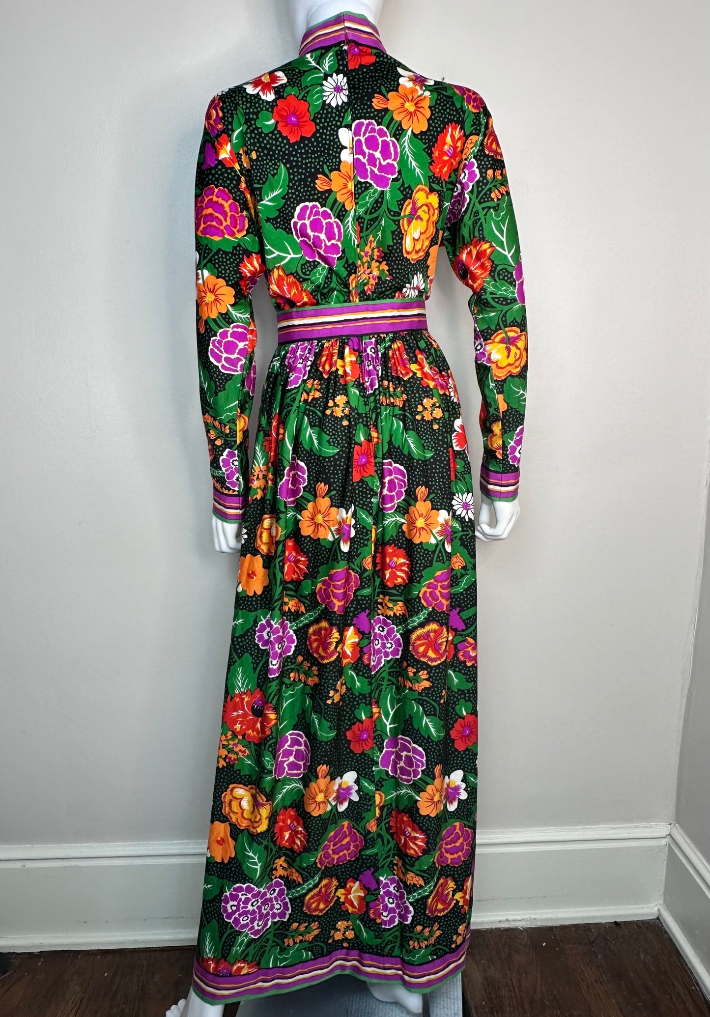 1970s Floral Long Sleeve Maxi Dress with Striped Trim, Oscar de la Renta Boutique Size Small, Gus Mayer