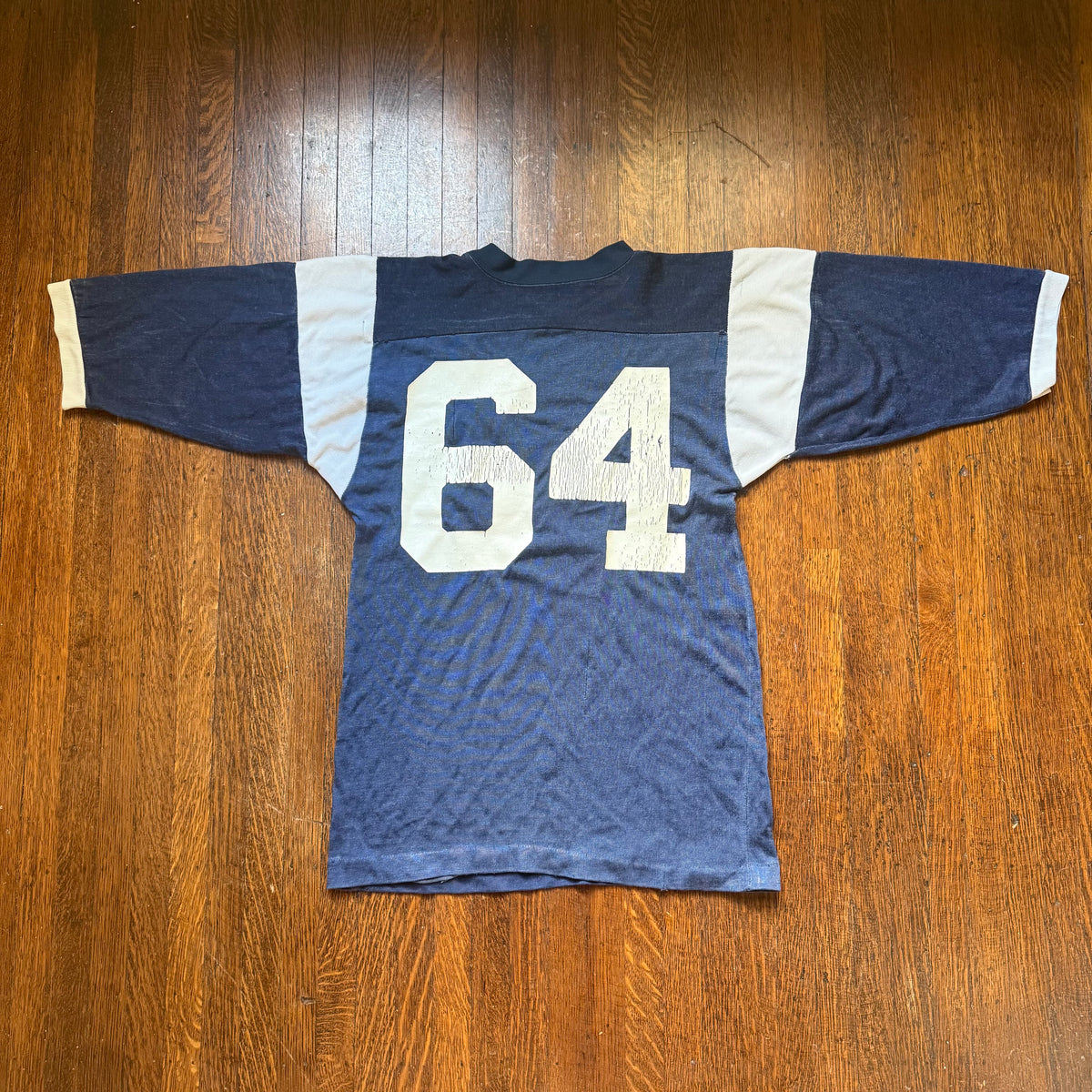 1970s Navy Blue Jersey, Champion Size Youth XL/Adult Small, No 64, Distressed