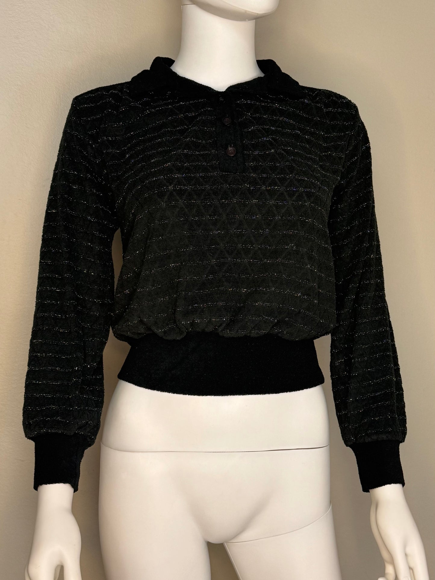 1970s Black Terry Cloth Collared Sweater with Glitter Stripes, Size XS-Small