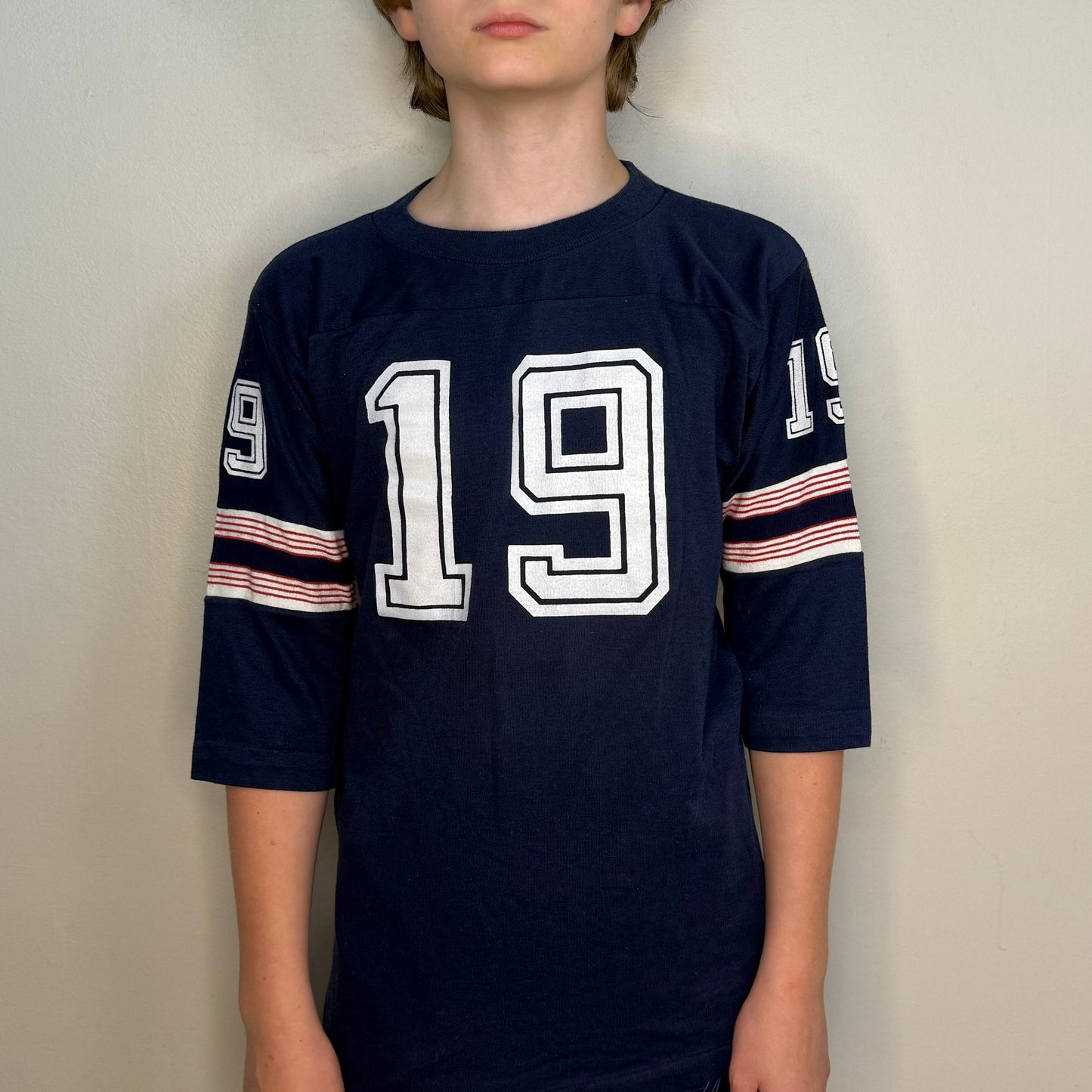 1960s/70s Navy Blue Jersey T-Shirt, Number 19, Never Iron by Campus Size Youth Large/Adult XS