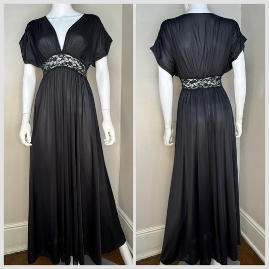 1970s Black Olga Secret Hug Nightgown, Size XS/Small, Lace Cut Outs, Full Length, Lingerie