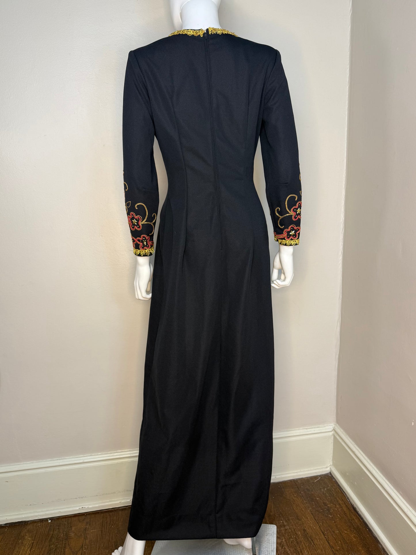 1960s/70s Black Maxi Dress with Embellished Sleeves and Gold Trim, Handmade Size S/M