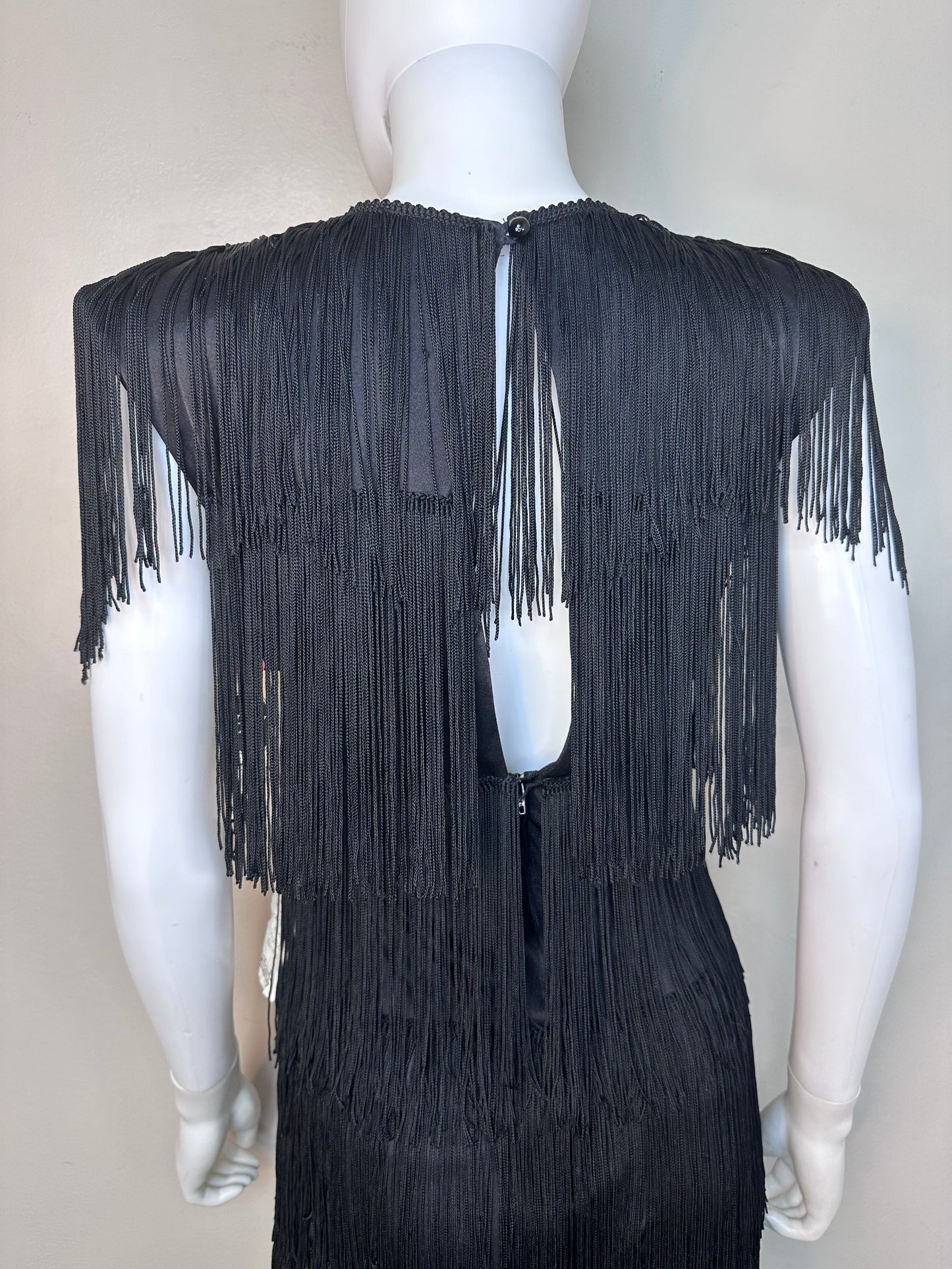 1990s Black Fringe Dress, HW Collections Size XS-Small, Deadstock with Tags