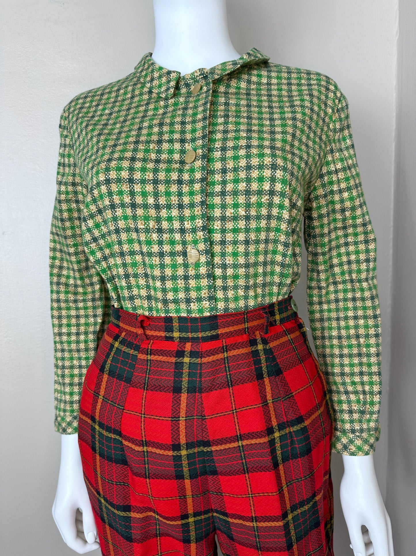1950s/60s Green Printed Plaid Blouse, Handmade Size Medium