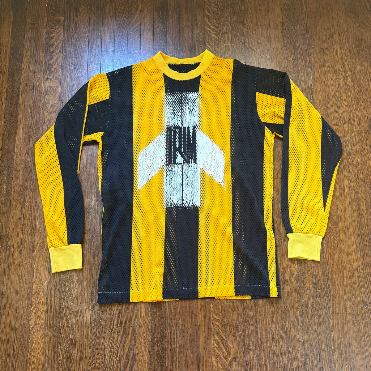 1970s Yellow and Black Stripe Mesh Motocross Jersey, Trim Size Medium, No 267