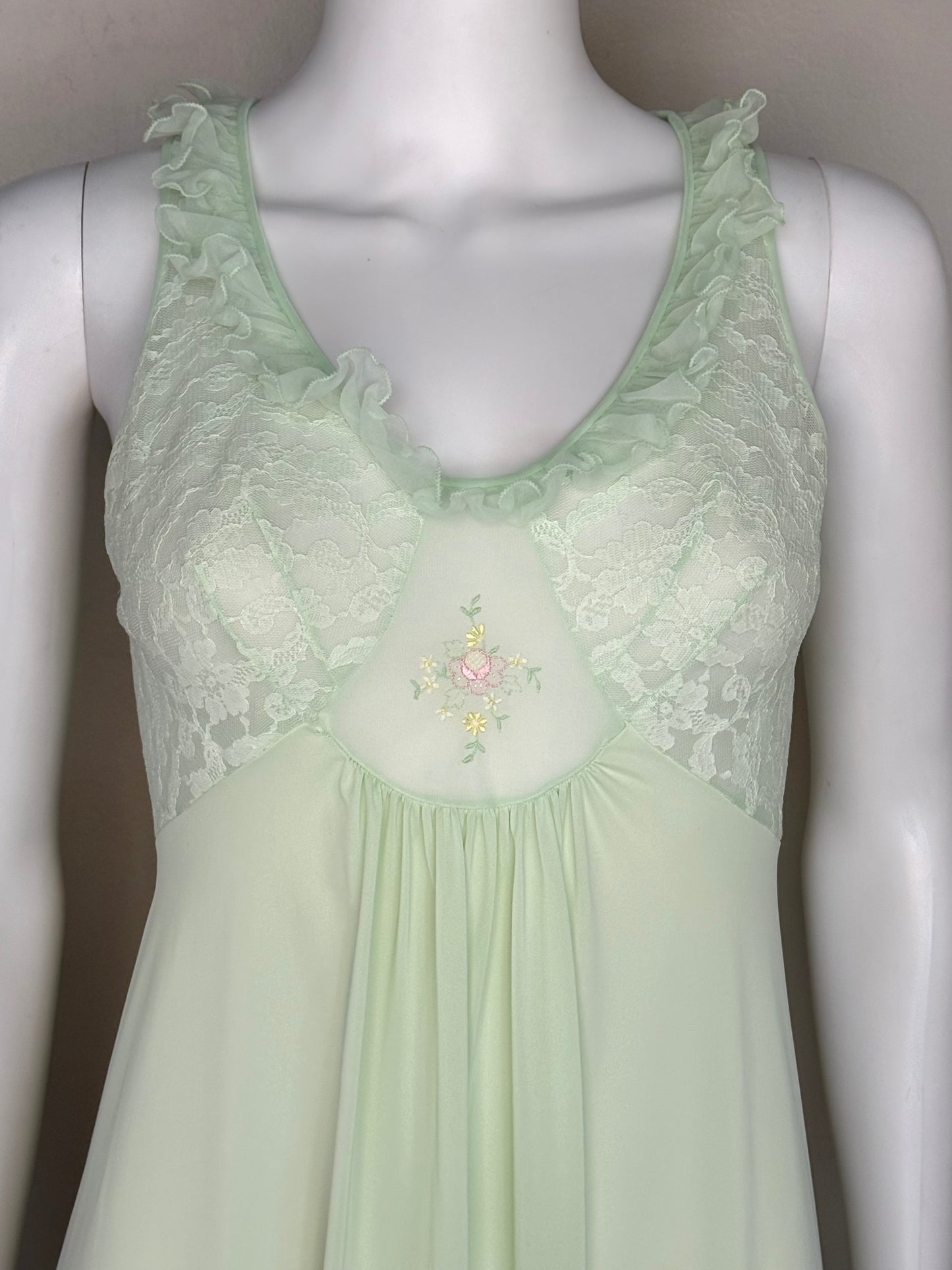 1970s Sheer Pastel Green Nightgown with Floral Embroidery, Shadowline Petite XS/Small, Mint, Nylon