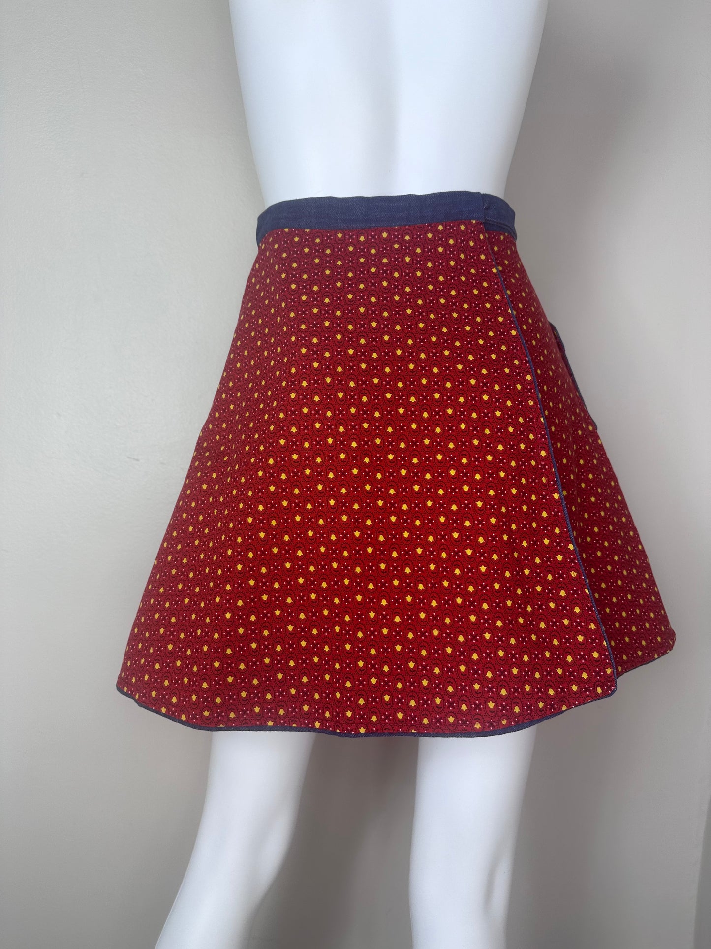 1970s Reversible Denim Wrap Mini Skirt, Floral Print, Handmade Size XXS-XS