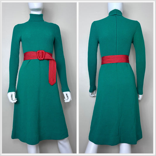 1970s Green Knit Turtleneck Dress, Tricots by Youth Guild Size Small-Medium