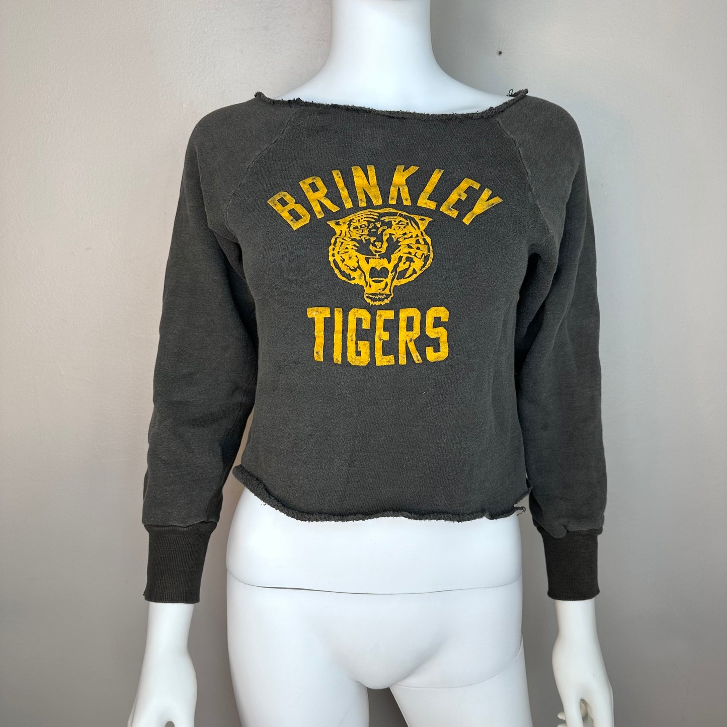 1960s Brinkley Tigers Sweatshirt, Size XS, Flocked Print, Cut Neck and Hem