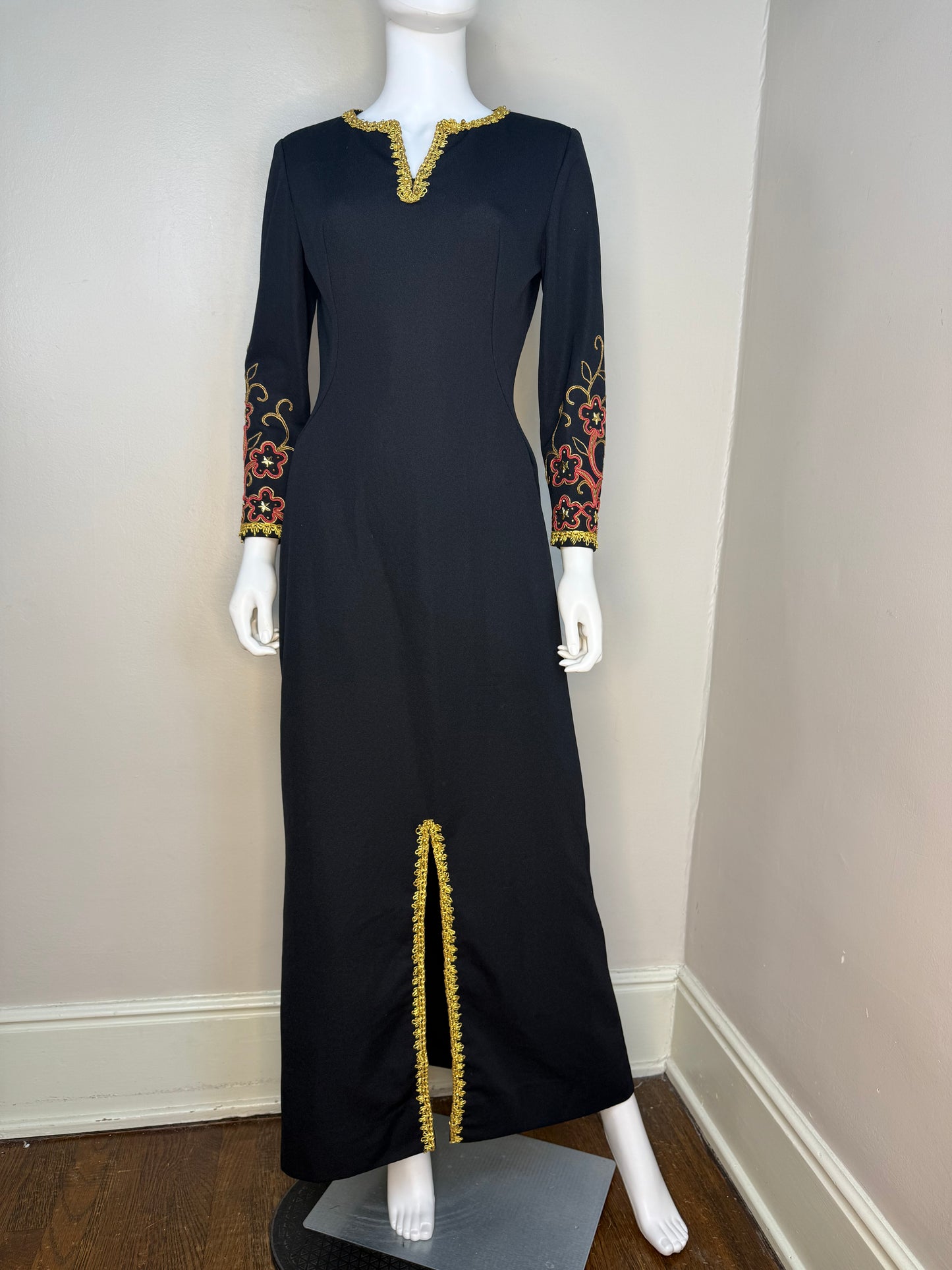 1960s/70s Black Maxi Dress with Embellished Sleeves and Gold Trim, Handmade Size S/M
