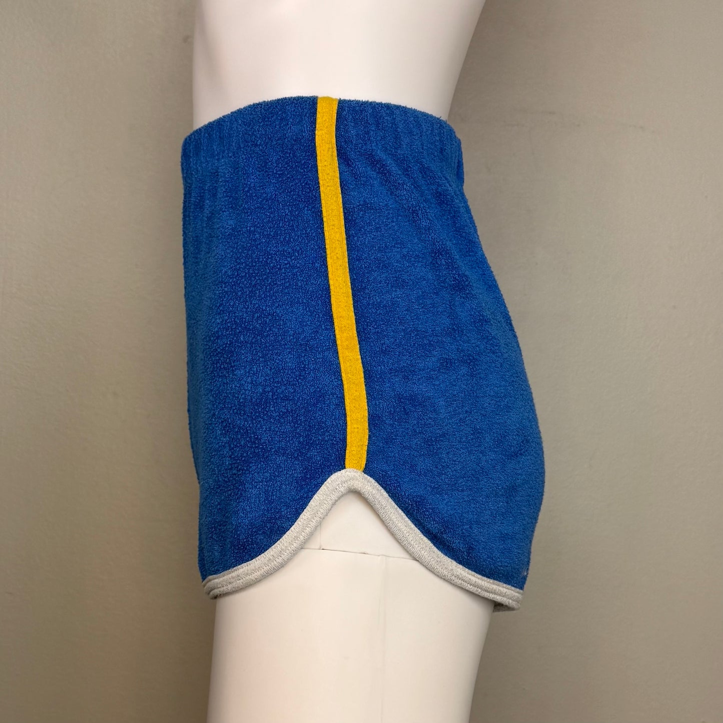 1970s Blue Terry Cloth Shorts with Yellow Side Stripes, Sears Jr Bazaar Size X-Small