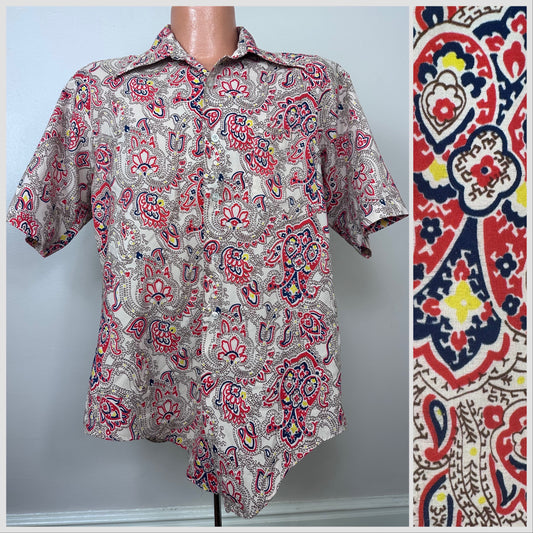 1970s Paisley Floral Men’s Short Sleeve Shirt, K Mart Size Large