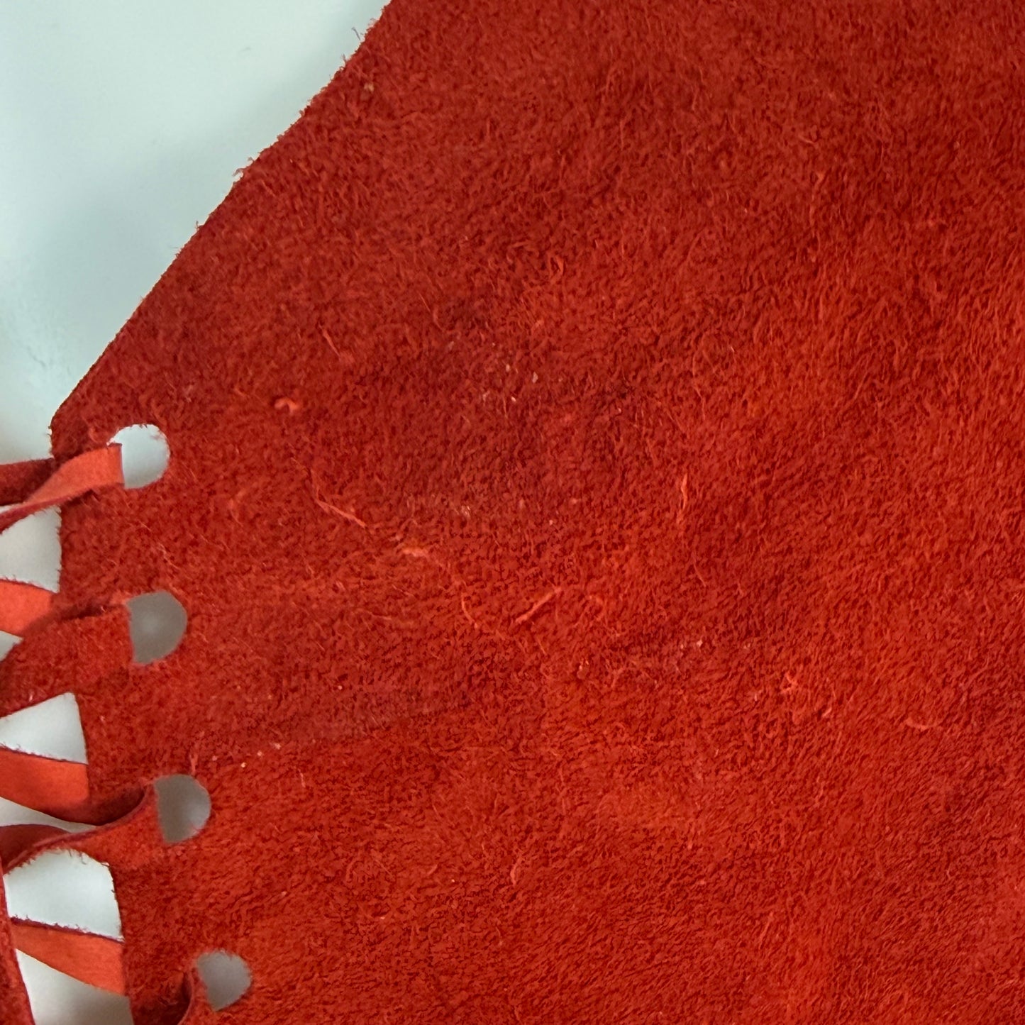 1970s Red Leather Halter Top with Fringe, Cropped, Lace Up Corset Bust, Open Back, Size XS/S