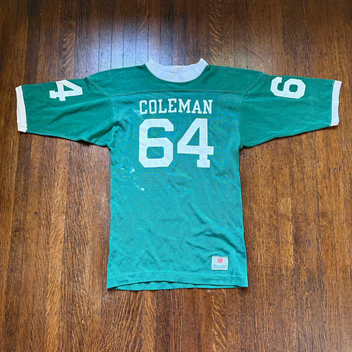 1970s Green Coleman Jersey, Champion Products Size 18, No 64, Distressed