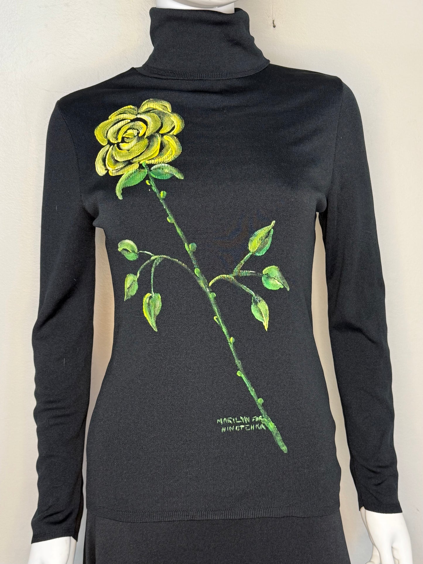 1970s Hand Painted Black Knitwear Set, Marilyn for Ninotchka Size Small, Sakowitz, Yellow Rose, Turtleneck Sweater, Maxi Skirt