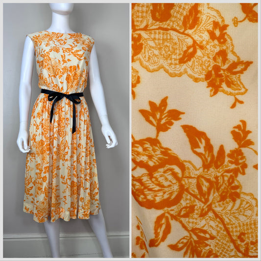 1960s Orange Floral Dress, Claire Tiffany Traveler Size M/L