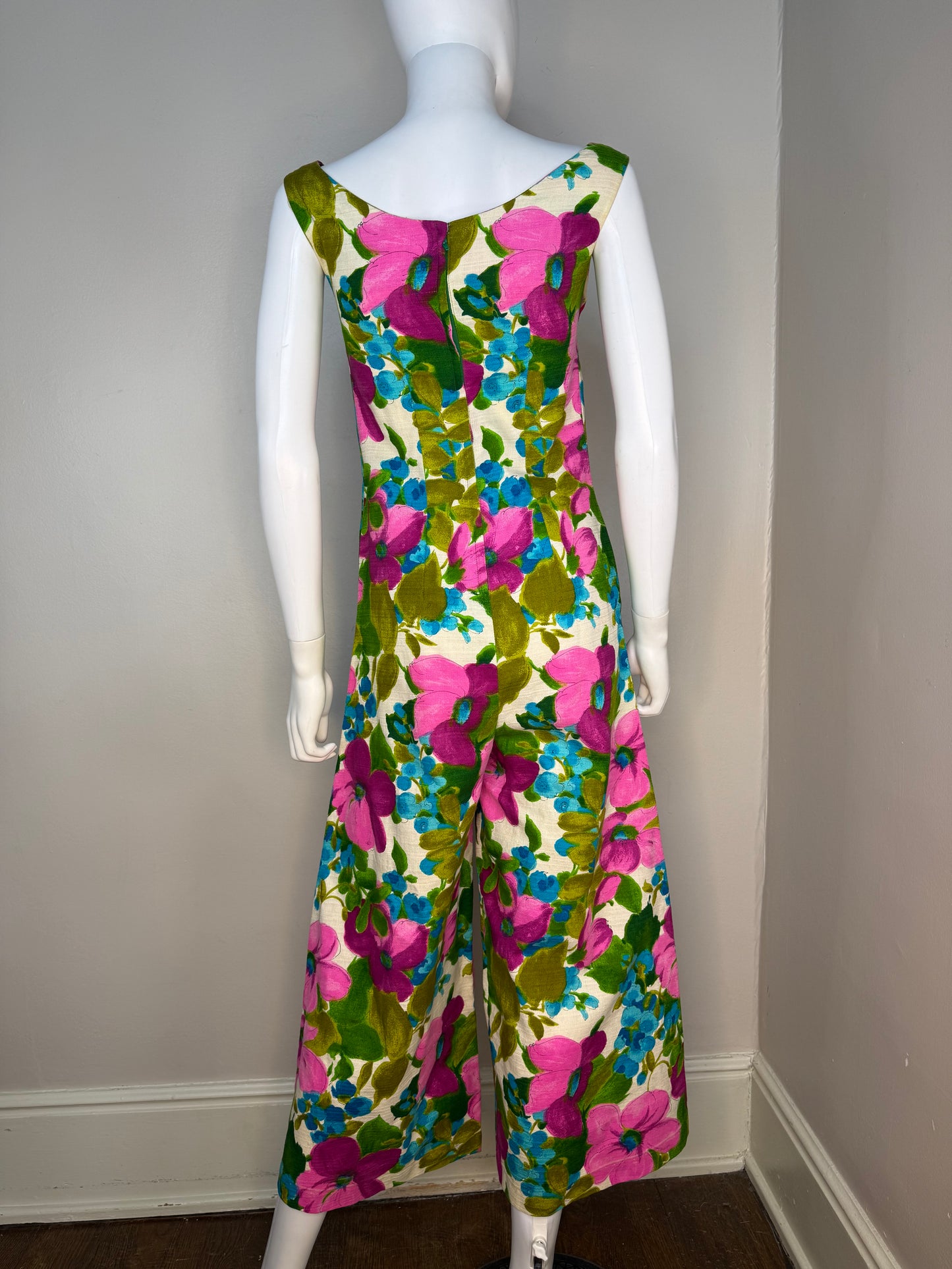 1960s Hawaiian Floral Cotton Barkcloth Jumpsuit, Wide Leg, Lauhala Hawaii Size XXS