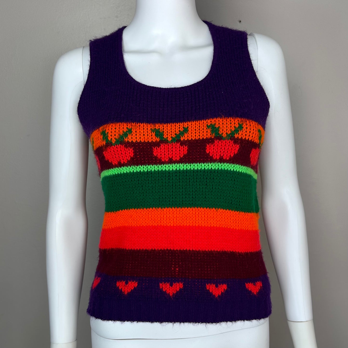 1960s Psychedelic Stripe Sweater Vest, Colleen Knitwear Size XS/S, Hearts, Veggie, Fruit