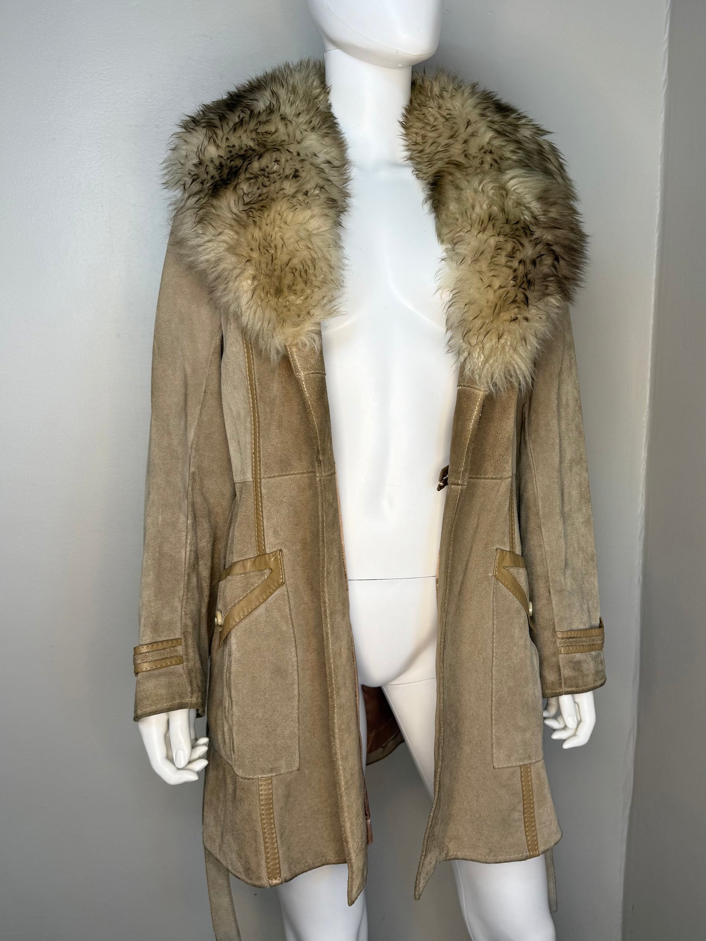 1970s Leather Coat with Lamb Fur Collar, Size Small, Penny Lane