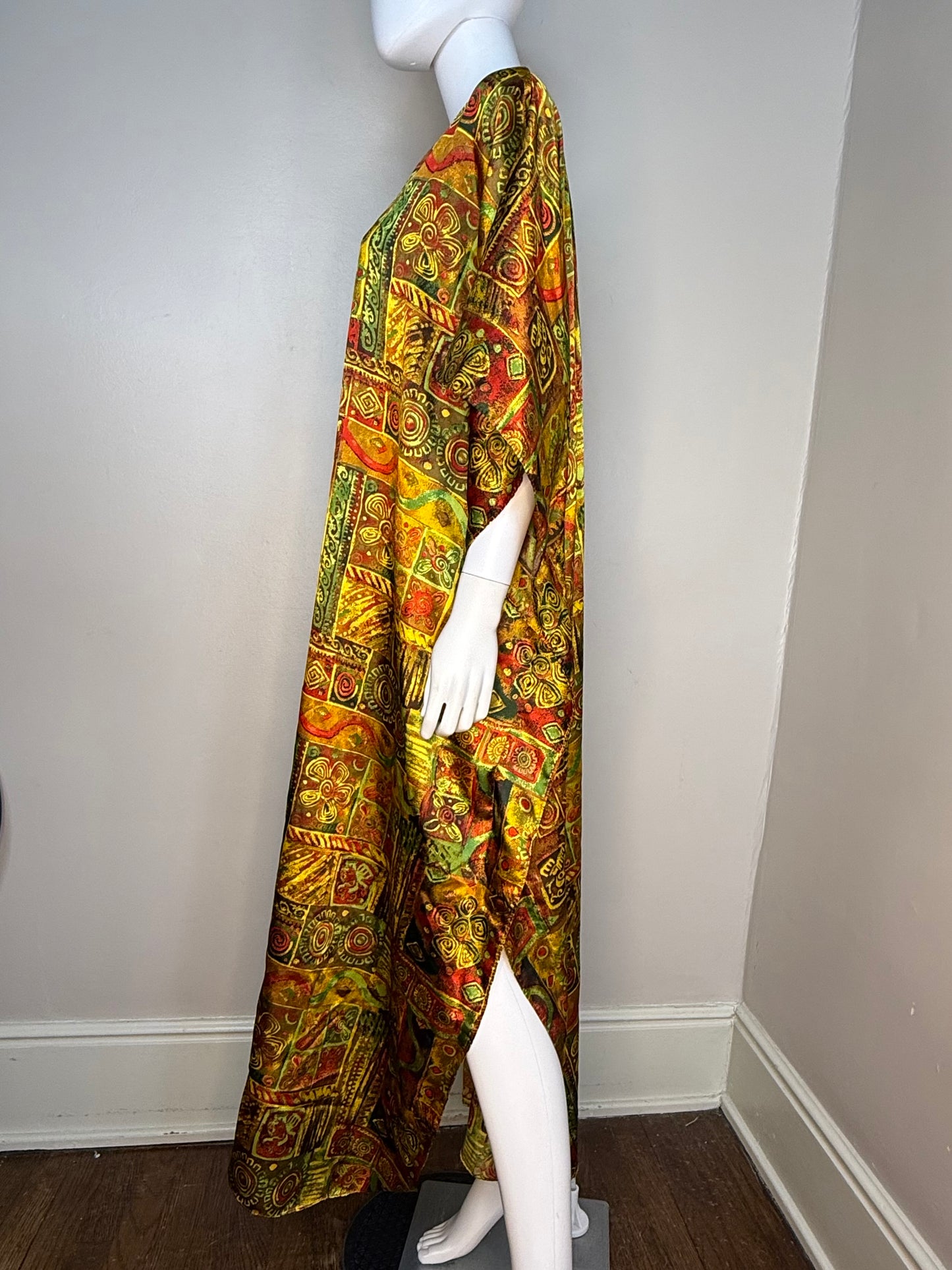 1990s Gold Red and Green Caftan Dress, Winlar, Loungewear, One Size Fits Most