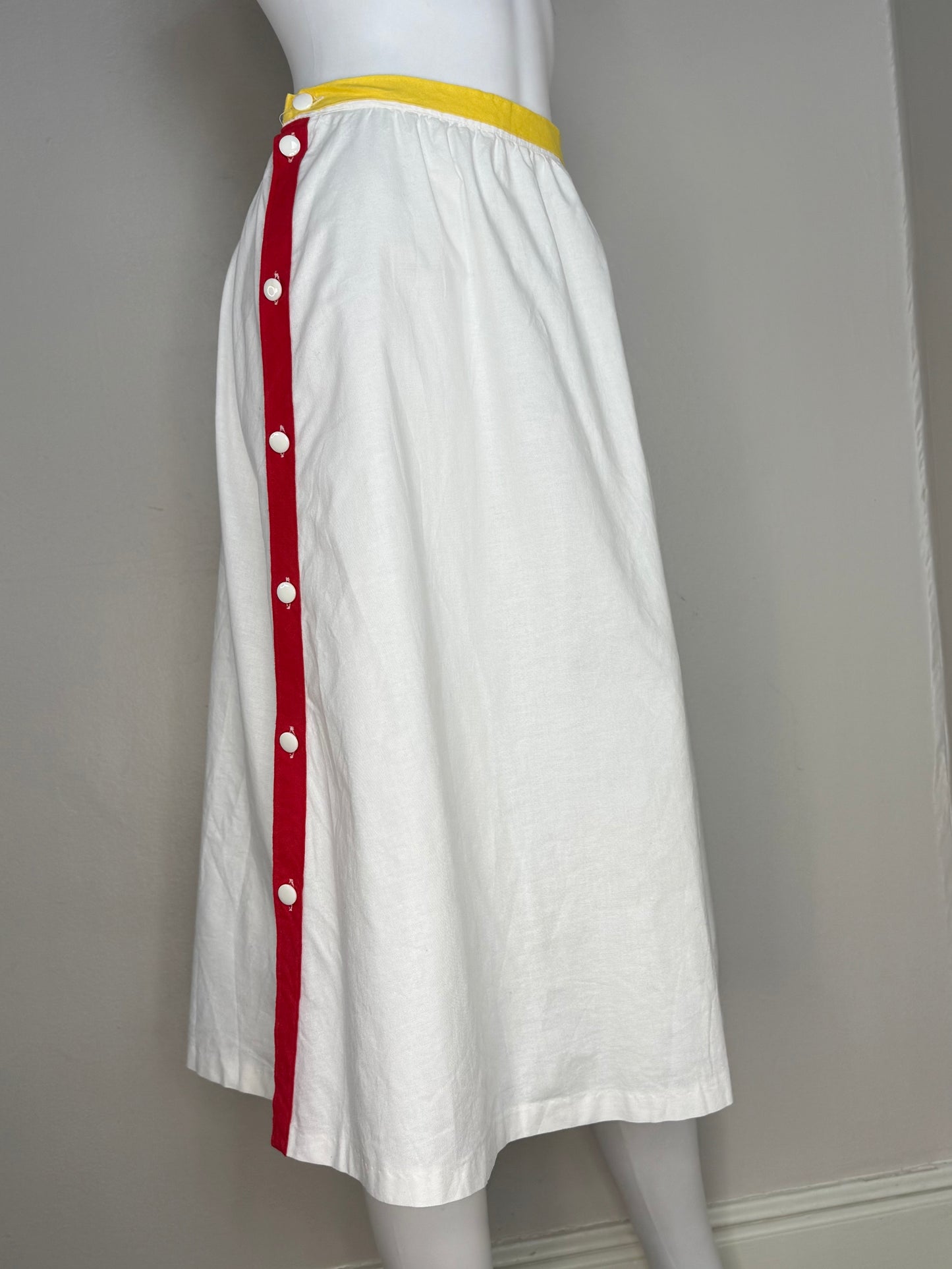 1980s White Side Button Midi Skirt with Primary Color Trim, Petri Sweden Size X-Small