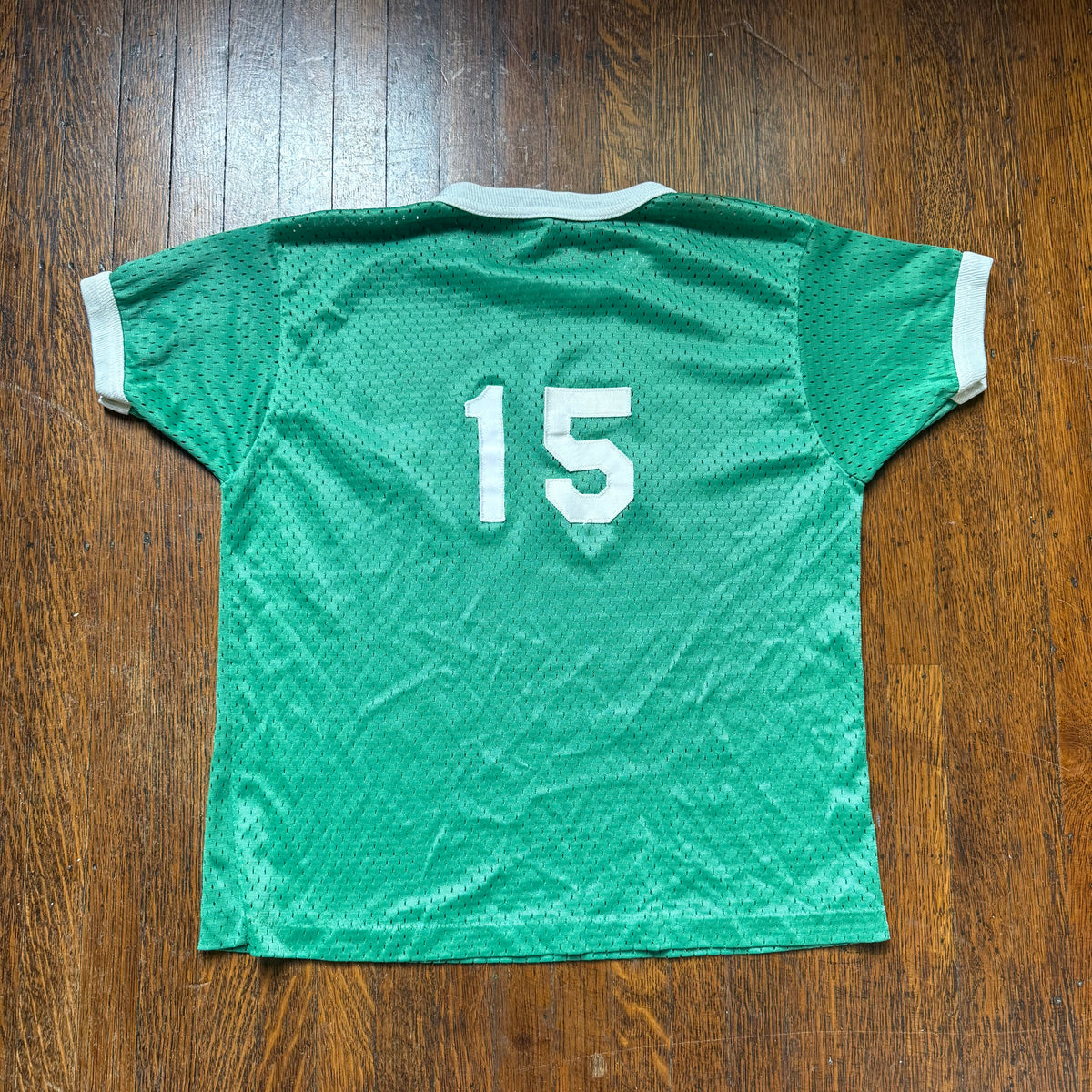 1970s Green Mesh Jersey T-Shirt, Southern Athletic Youth Large/Adult Small, No 15