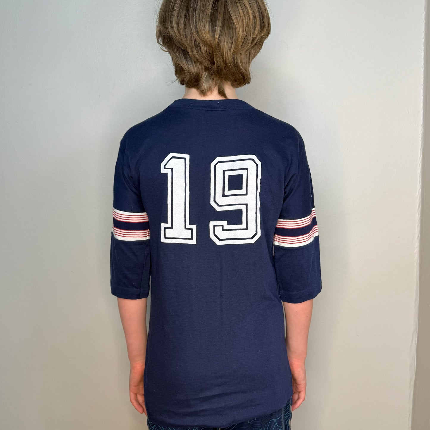 1960s/70s Navy Blue Jersey T-Shirt, Number 19, Never Iron by Campus Size Youth Large/Adult XS
