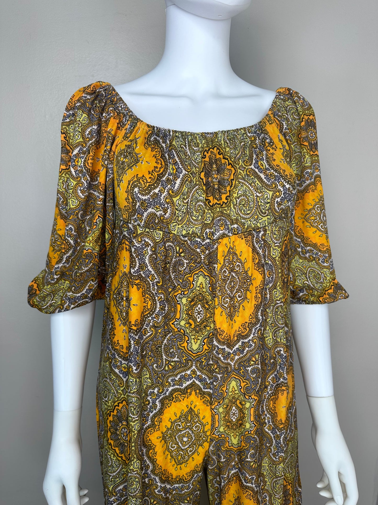 1970s Orange Paisley Print Jumpsuit, Size XS, Wide Leg, Empire Waist, Elastic Neck