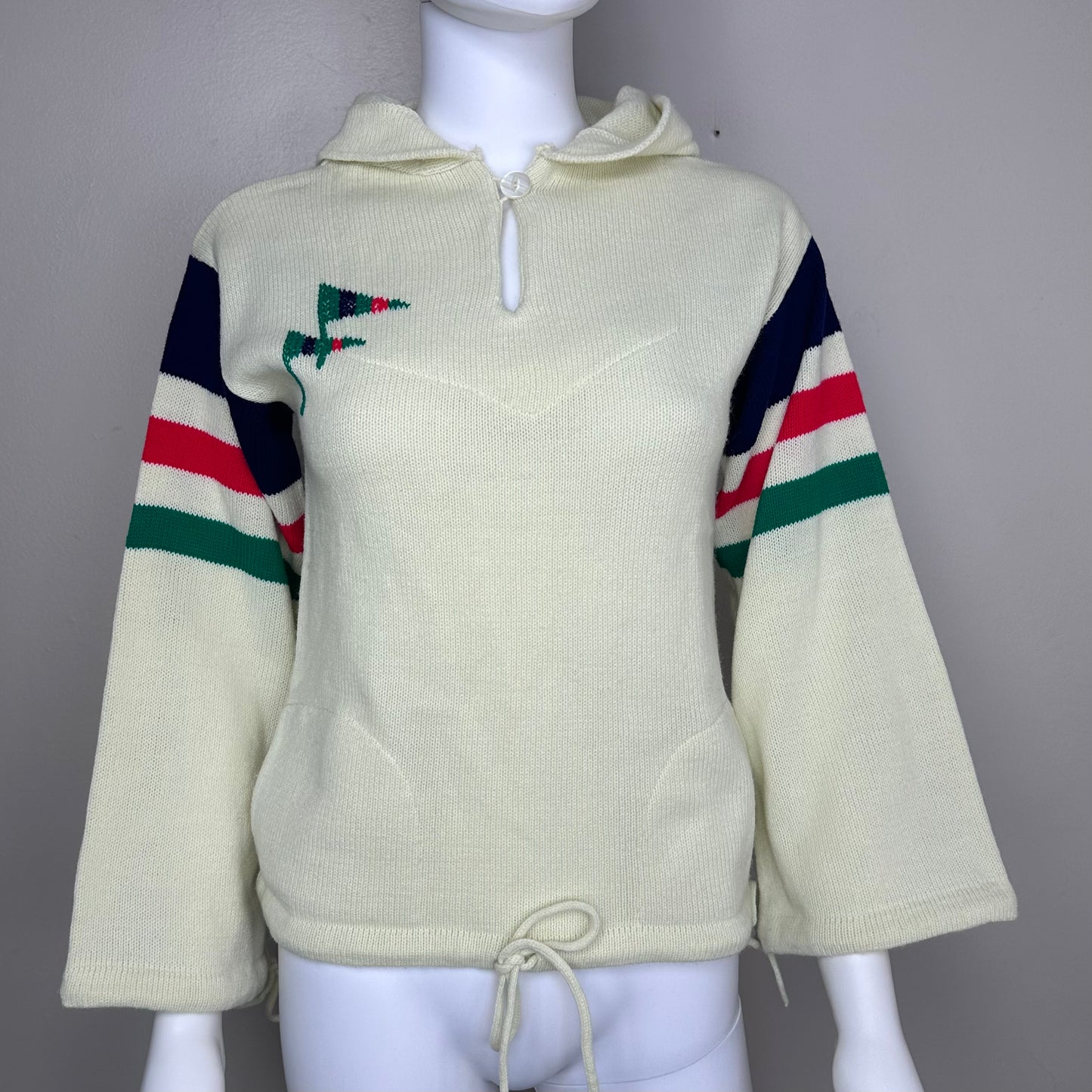 1970s Hooded Sweater with Striped Sleeves, Size XS