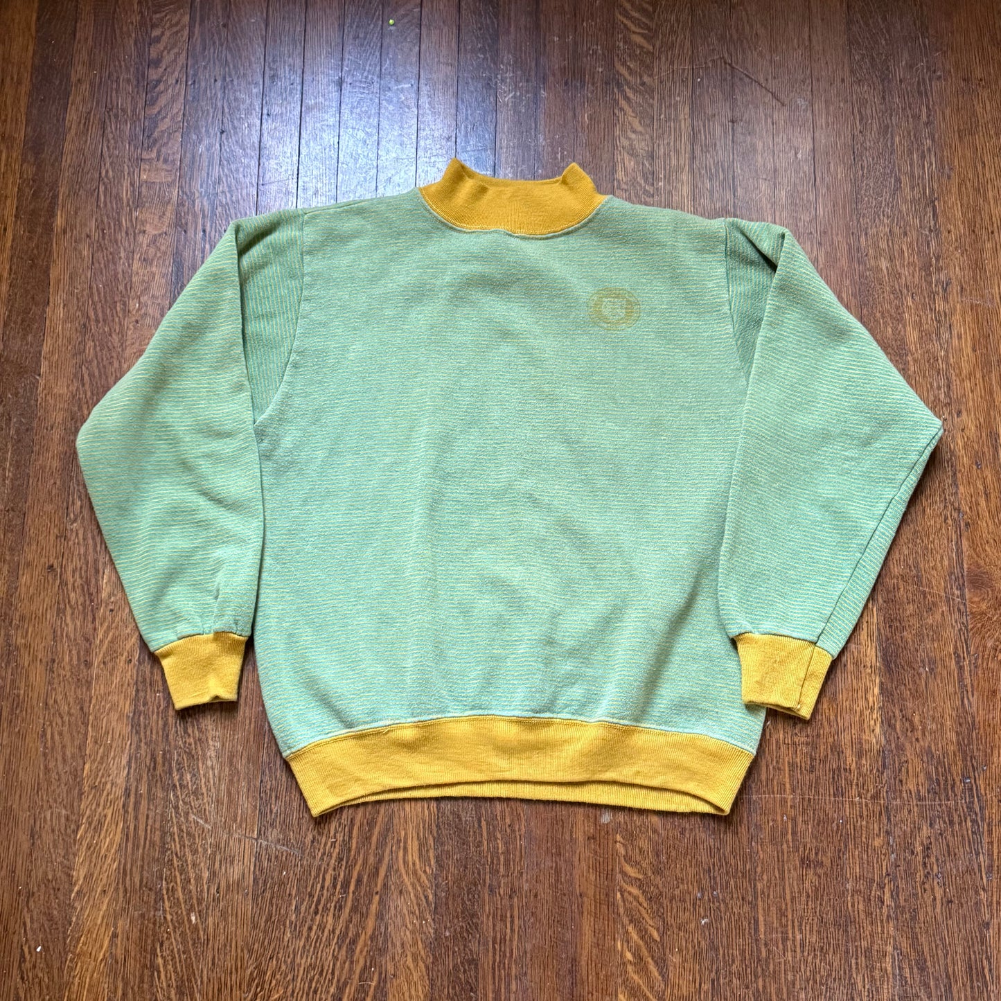 1960s Green and Yellow Micro Stripe Sweatshirt, Champion Size Medium, Running Man Tag, Mock Neck