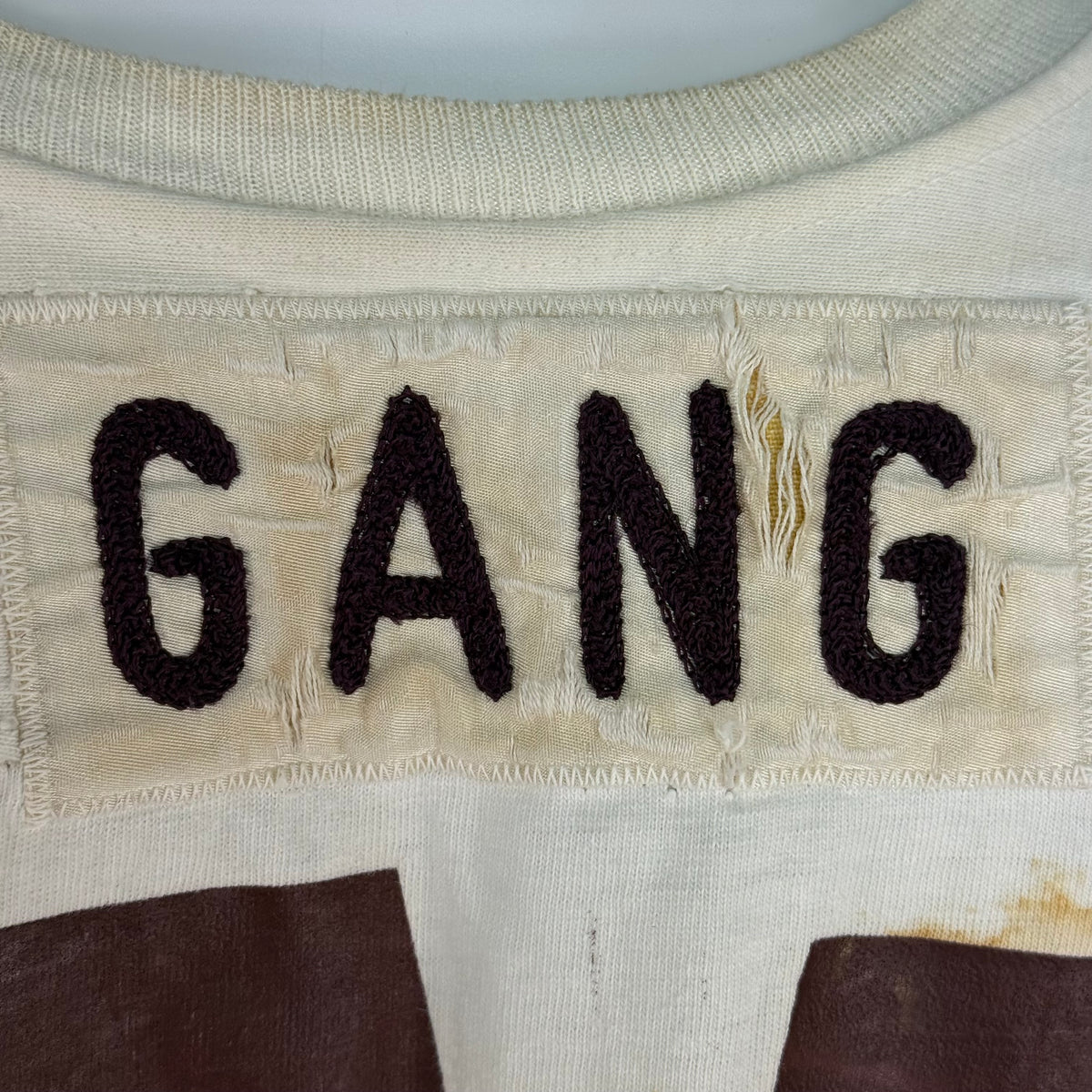 1960s White Cotton Jersey, Size Large, No 77, Chainstitch Name GANG, Very Distressed