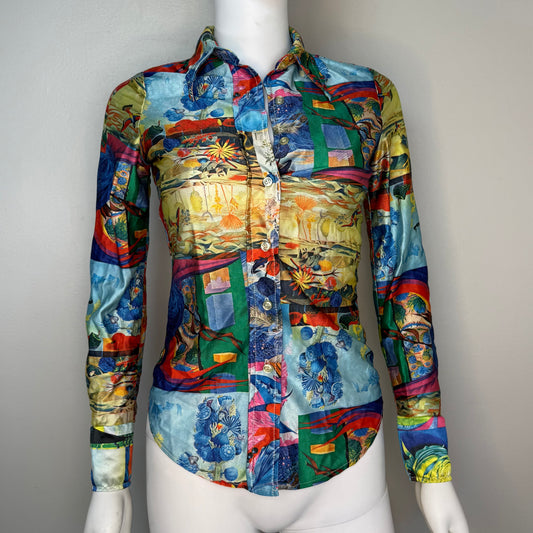 1970s Day Glow Psychedelic Surrealist Art Long Sleeve Blouse, L.A. Station by Arpeja Size XS