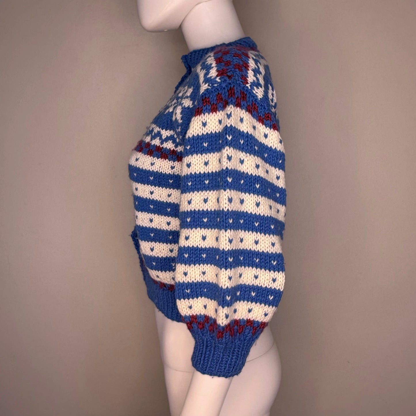 1960s/70s Hand Knit Snowflake Cardigan Sweater with Pewter Buttons, Size X-Small