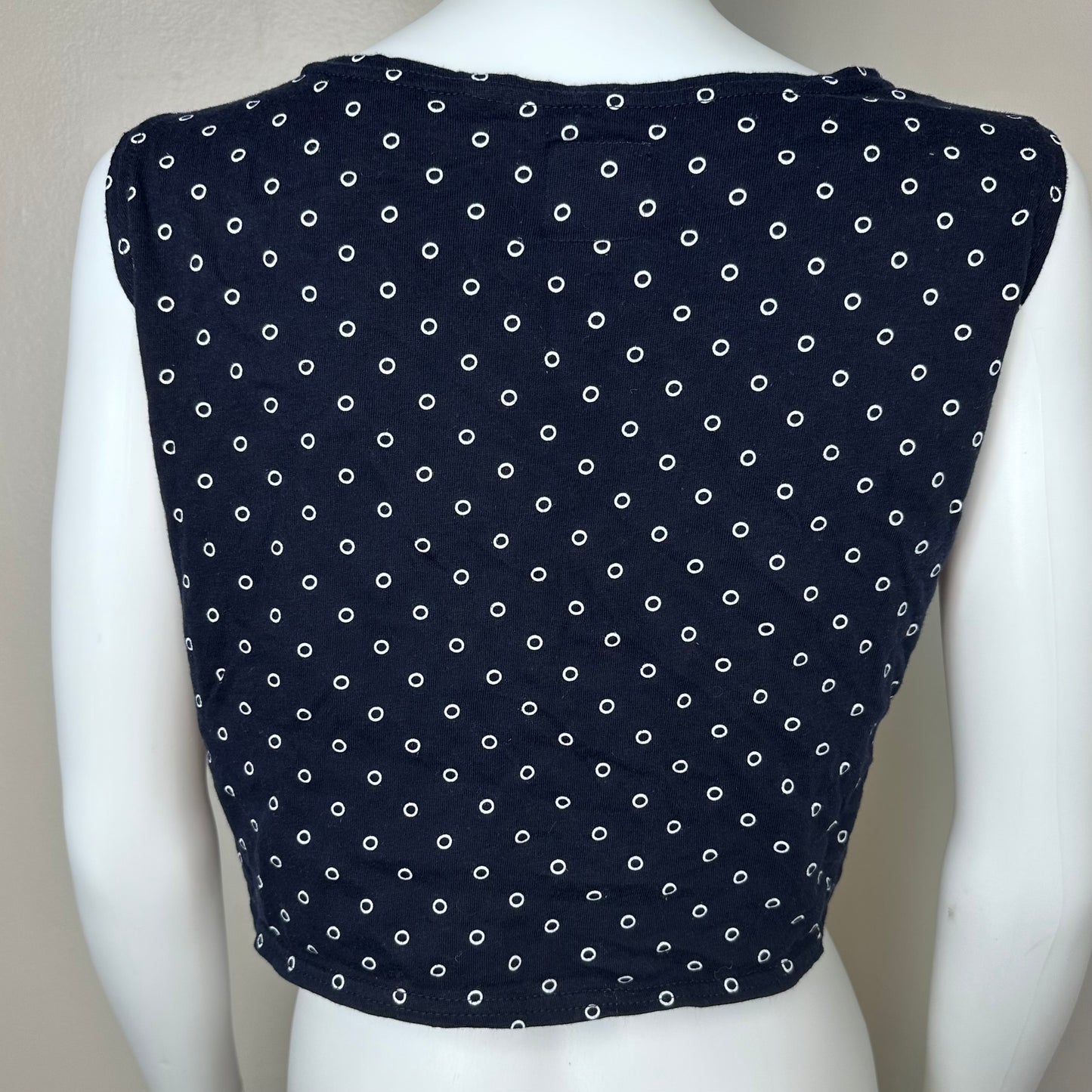 1990s Navy Blue Polka Dot Knit Sleeveless Tie Front Cropped Blouse, Liz & Co Size Large