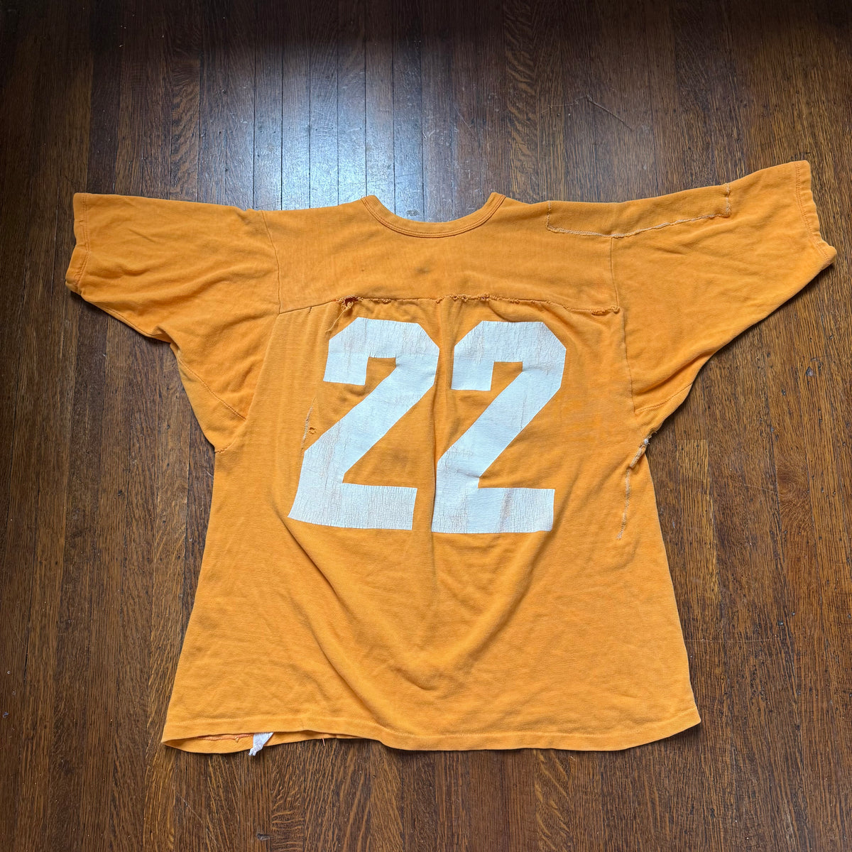 1960s Orange Cotton Jersey, Russell Athletic Size Large, No 22, Distressed