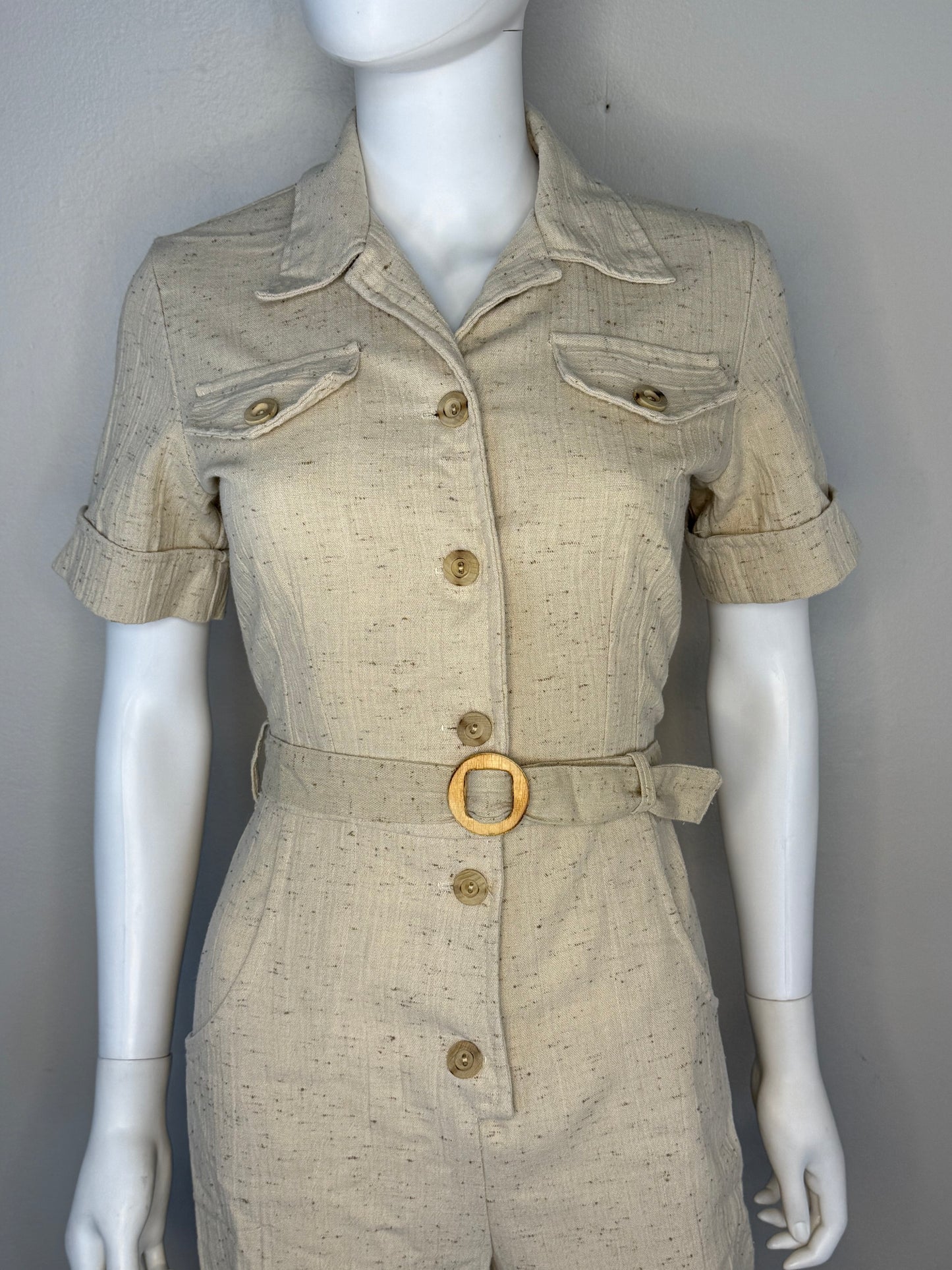 1970s Tan Safari Flare Leg Jumpsuit, Sears Jr Bazaar Size Small