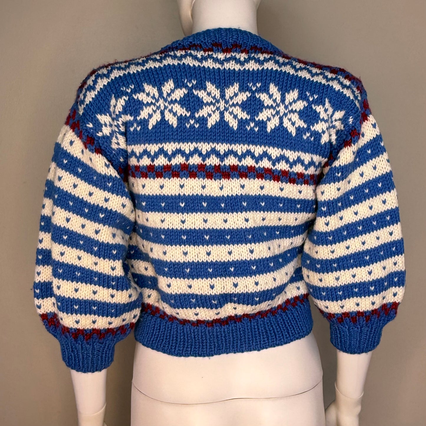 1960s/70s Hand Knit Snowflake Cardigan Sweater with Pewter Buttons, Size X-Small
