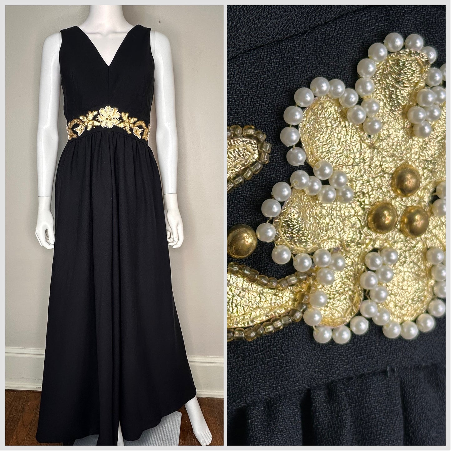 1960s/70s Black Wide Leg Jumpsuit with Gold Floral Embellishment Waistband, Size XS