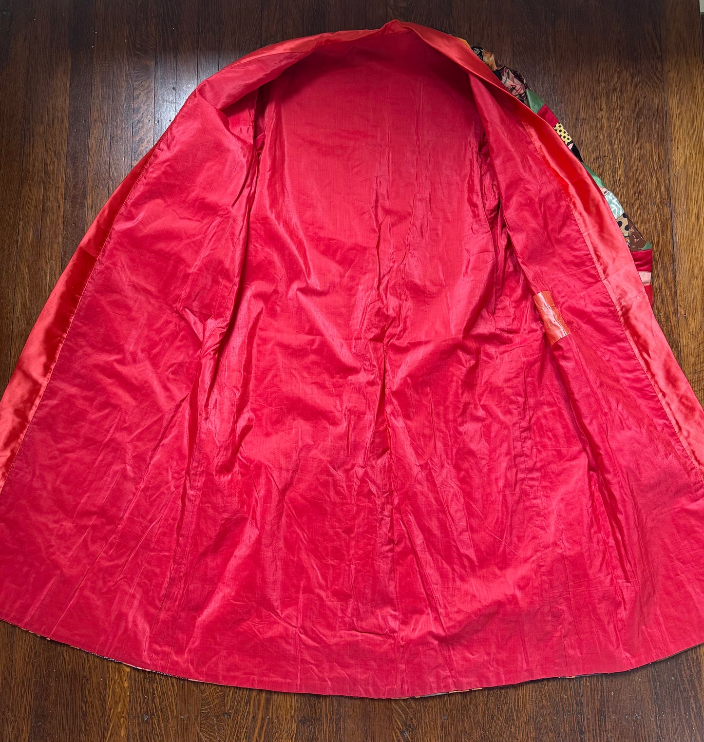 1920s/30s Patchwork Crazy Quilt Robe, Handmade Size XS-Small, Belt with Fringe Trim