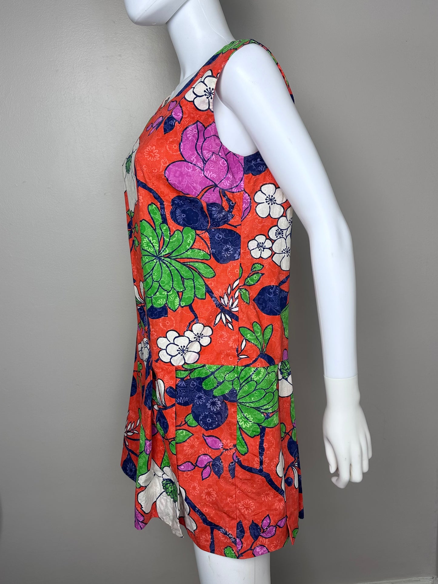 1960s Orange Floral Romper, Size Medium, Skort, Mini Dress