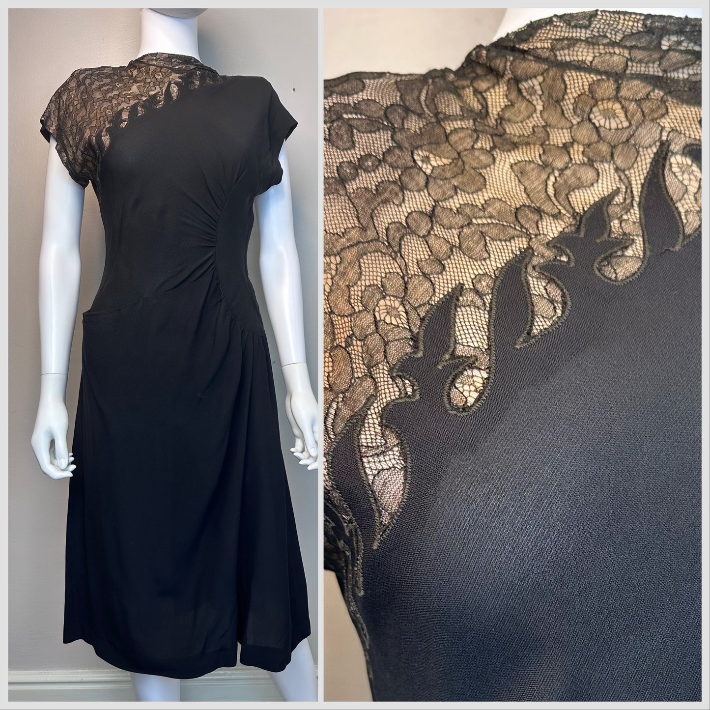 1940s Black Asymmetrical Dress with Lace, Size XS, Flames