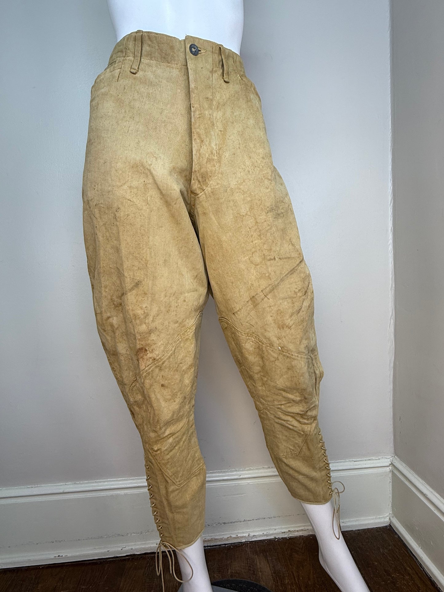 1910s WW1 Khaki Canvas Jodhpurs Pants, Summer Riding Breeches, Distressed Patina, 33"x26.25"