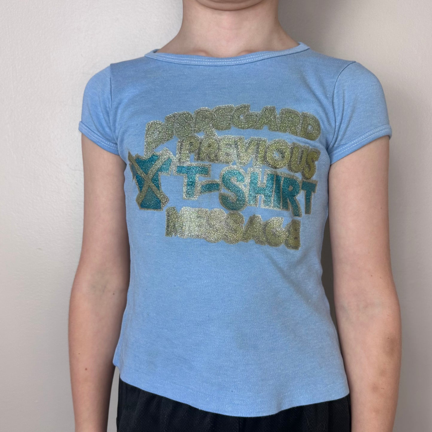 1970s Disregard Previous T-Shirt Message Tee, Kids Size 6/7, Glitter Iron On