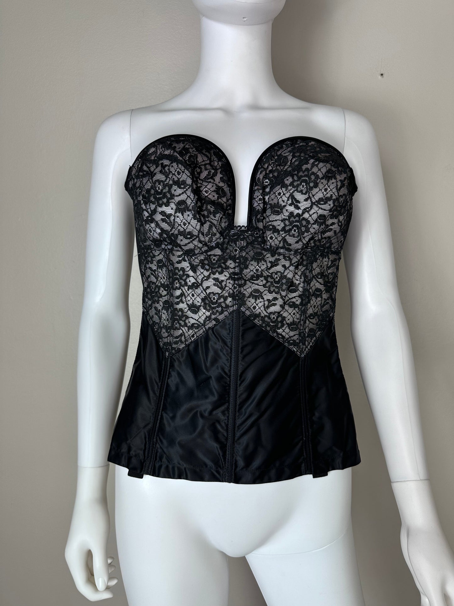 1960s Lady Marlene Black Lace Long Line Bra, Size 40C, Corset Shape-wear, Low Back