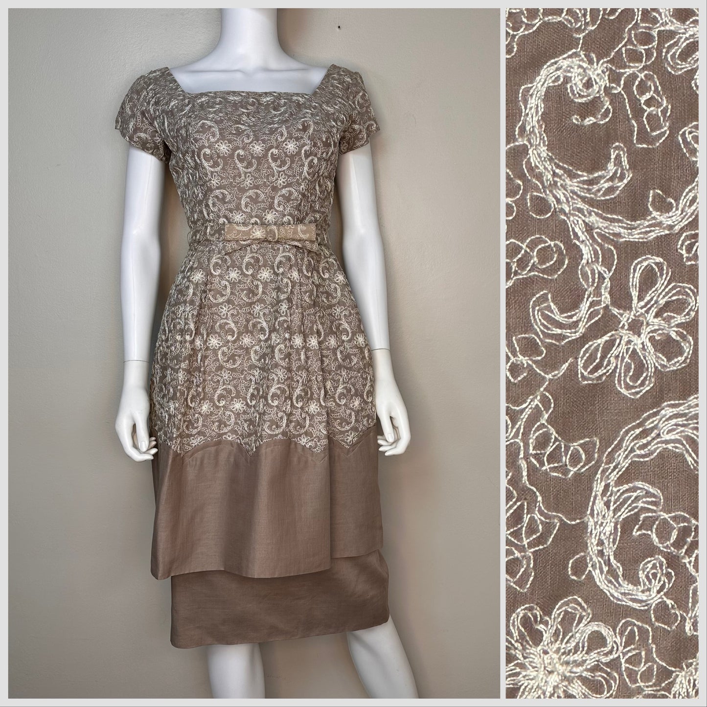 1950s/60s Brown with Cream Embroidery Two Layer Dress, Cocktail Party, Size XS