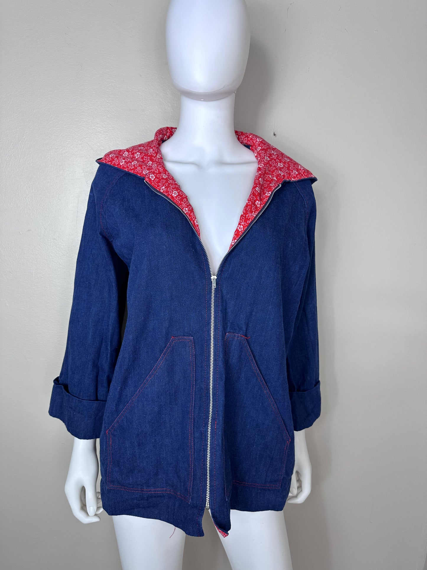 1970s Denim Jacket with Red Floral Lined Hood, Shelly’s Tall Girls Size Medium