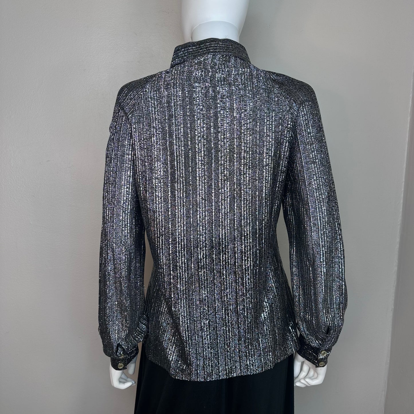 1970s Black and Silver Sparkle Metallic Blouse, Judy Bond Size Medium